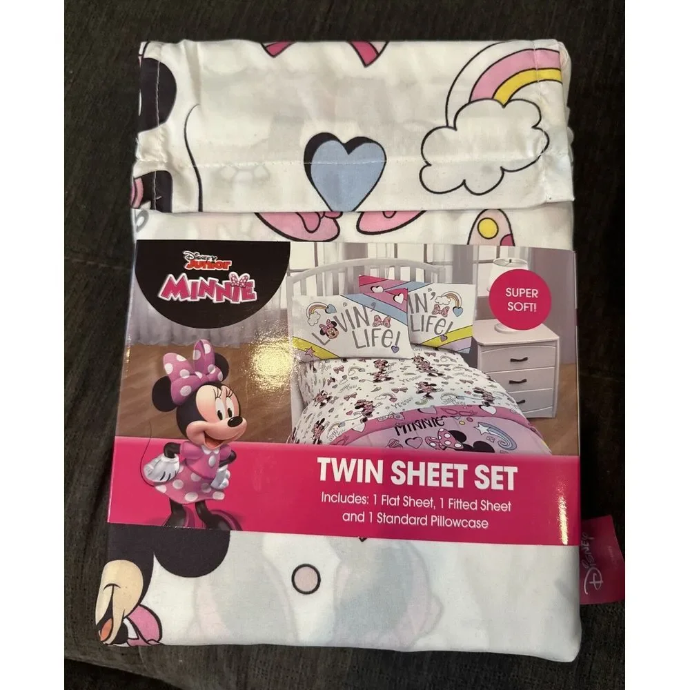 Disney Minnie Mouse Kids Bedding Twin Sheet Set White Pink Pllwcase‎ Flat Fitted